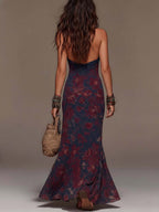 Lavinia | Abito maxi a sirena con scollo halter, pizzo e stampa floreale