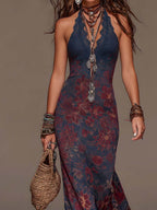 Lavinia | Abito maxi a sirena con scollo halter, pizzo e stampa floreale