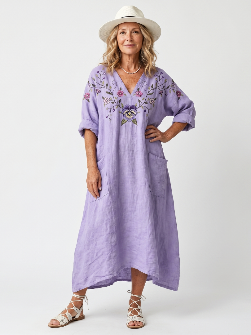 Nerina | Abito Midi Ricamato con Scollo a V