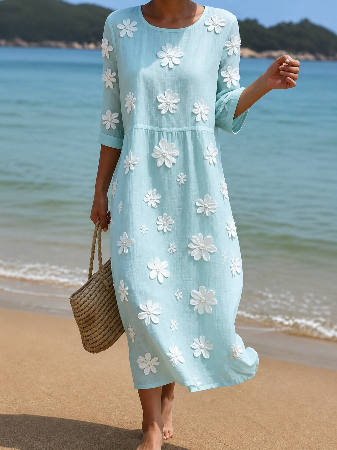 Patrizia | Abito Lungo da Mare con Fiori in Rilievo