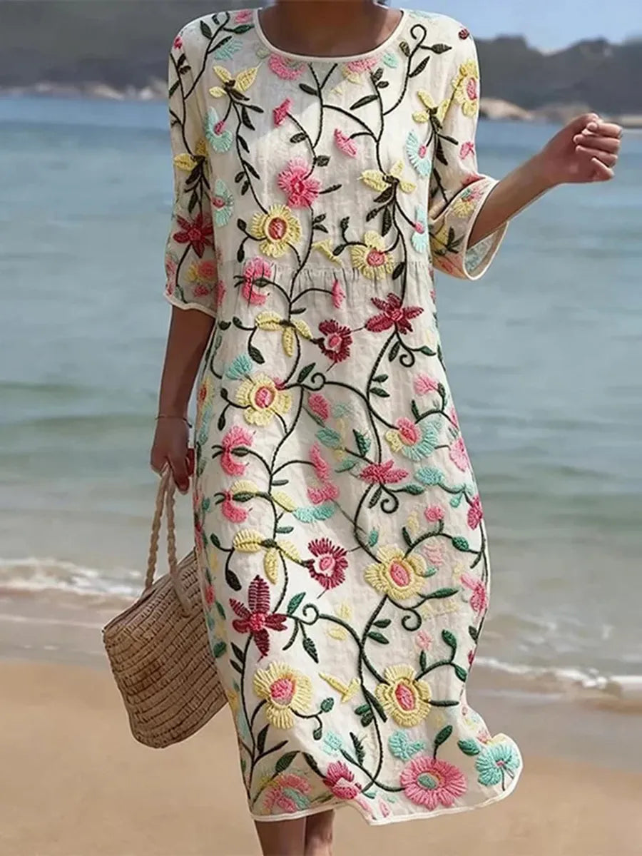 Fiorella | Abito Lungo da Mare con Ricami Floreali