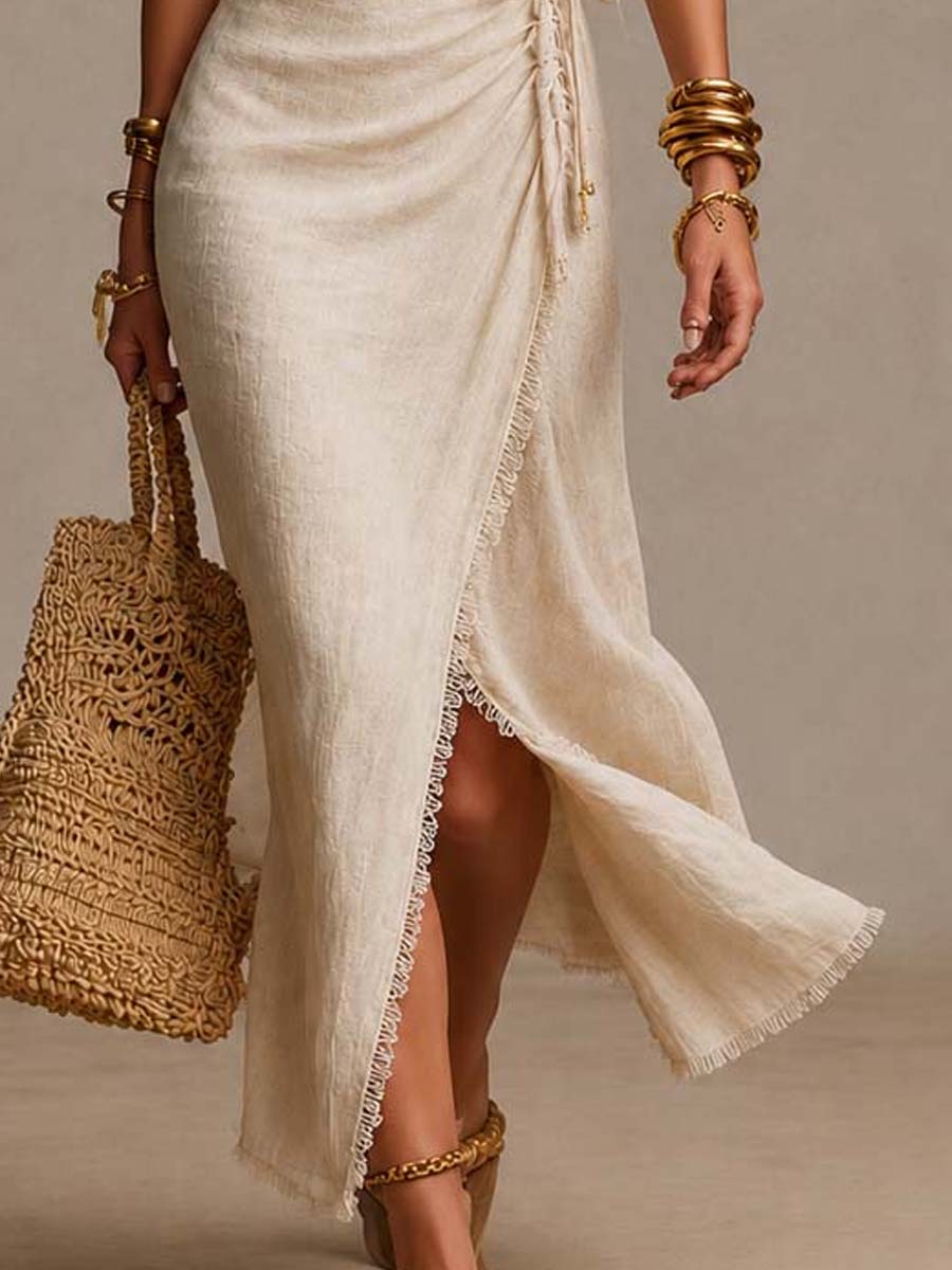 Tatiana | Abito Midi in Lino Naturale con Scollo Incrociato e Pizzo