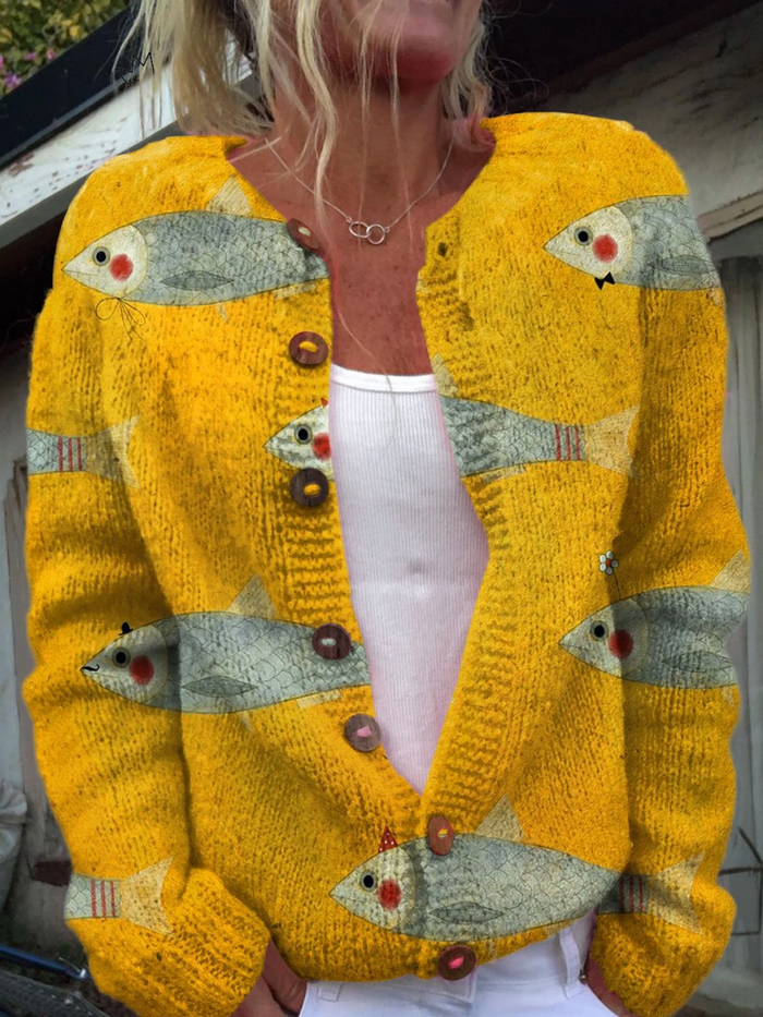 Stella | Cardigan Vintage con Stampa Pesci