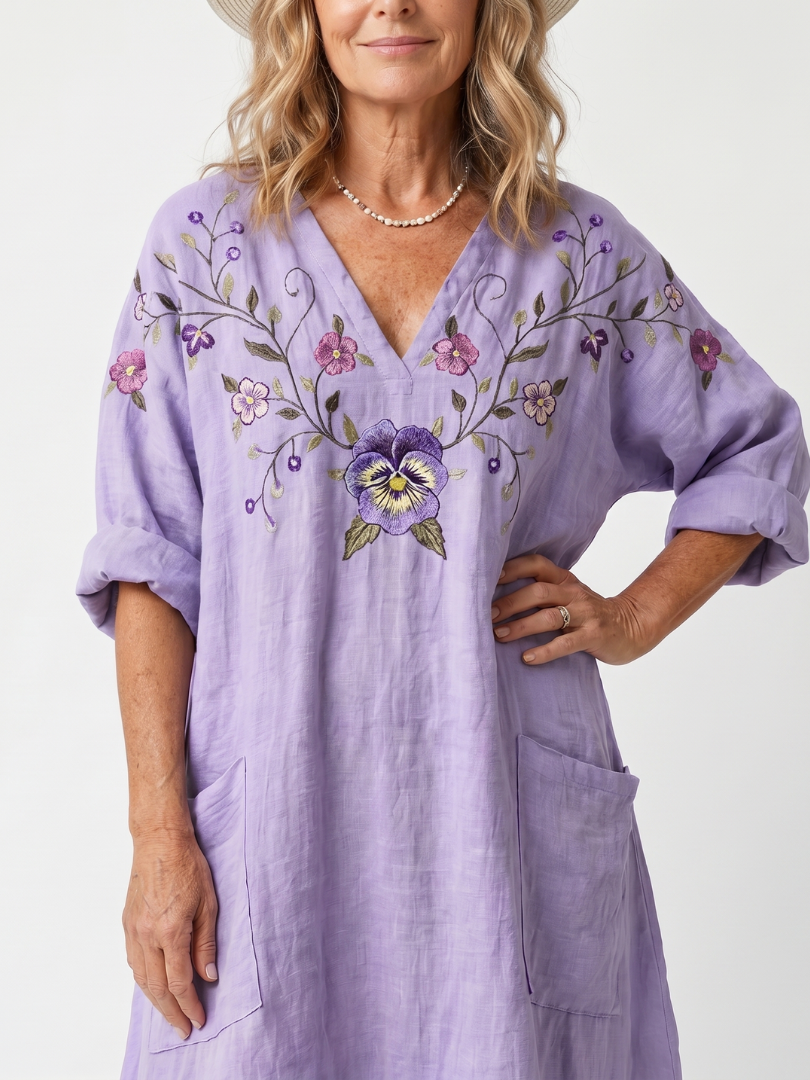 Nerina | Abito Midi Ricamato con Scollo a V