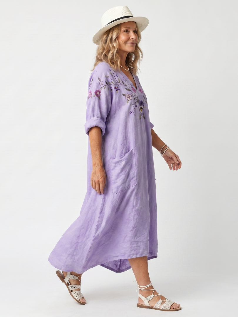 Nerina | Abito Midi Ricamato con Scollo a V