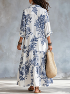 Fiamma | Abito Maxi Floreale Blu con Bottoni