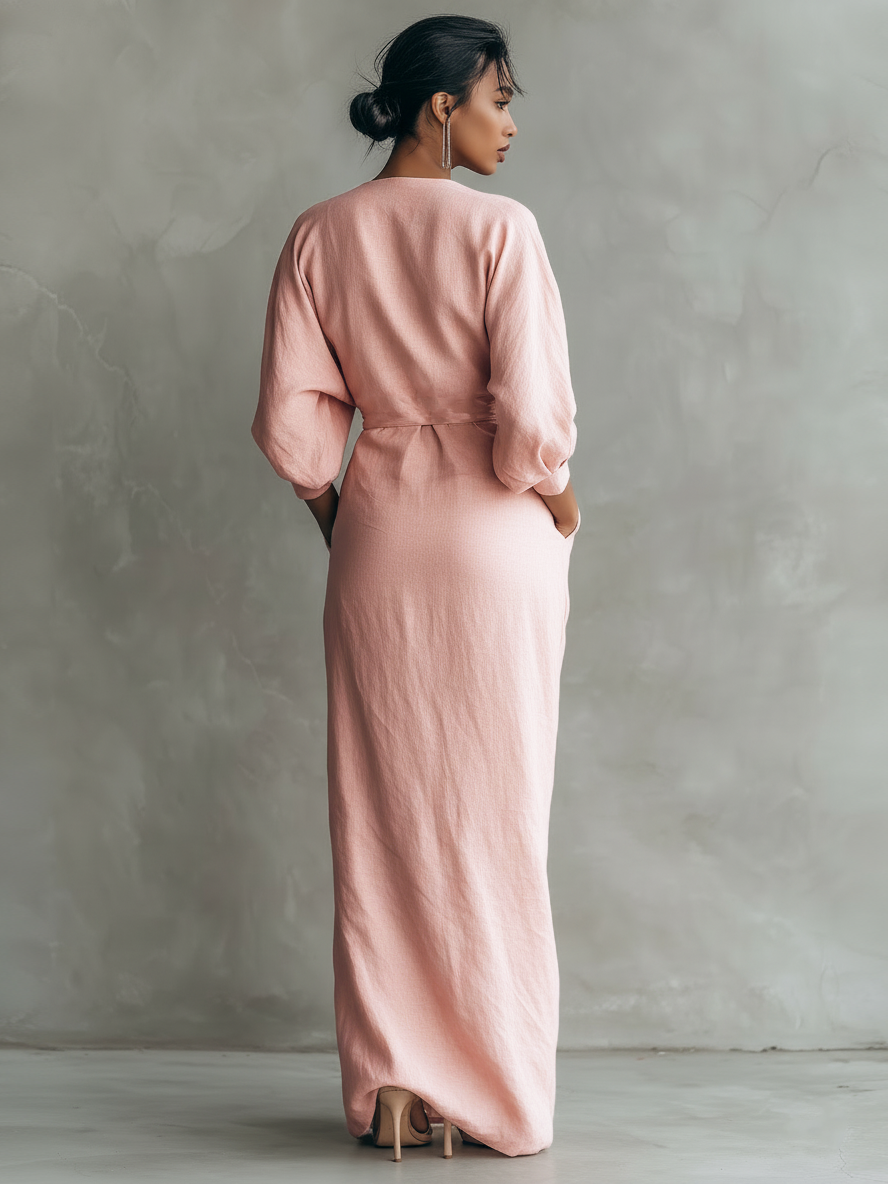 Eleonora - Abito Maxi in Lino Rosa con Scollo a V