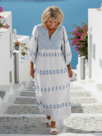 Evadne | Vestito Maxi Ricamato a Manica Lunga con Scollatura a V