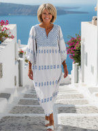 Evadne | Vestito Maxi Ricamato a Manica Lunga con Scollatura a V
