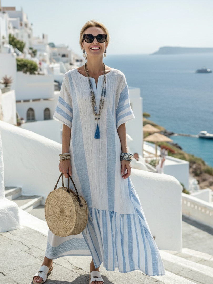 Ione | Vestito Maxi a Righe con Collo Rotondo e Maniche Corte