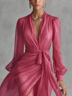 Beatrice | Abito lungo in chiffon elegante con scollatura a V e vita da annodare