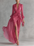 Beatrice | Abito lungo in chiffon elegante con scollatura a V e vita da annodare