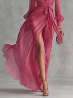 Beatrice | Abito lungo in chiffon elegante con scollatura a V e vita da annodare