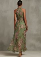 Firenze | Abito Maxi Chiffon Floreale Verde a Schiena Nuda