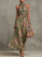 Firenze | Abito Maxi Chiffon Floreale Verde a Schiena Nuda