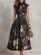 Patricia | Abito Midi Plissettato in Satin Floreale Nero