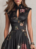 Patricia | Abito Midi Plissettato in Satin Floreale Nero