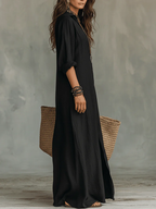 Alessia | Abito maxi nero morbido con bottoni