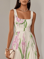 Marie | Abito Maxi Chiffon Floreale Plissettato Bianco