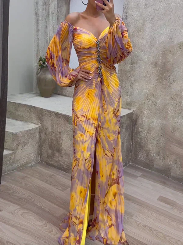 Cleofe | Abito Lungo con Scollo Bardot Floreale