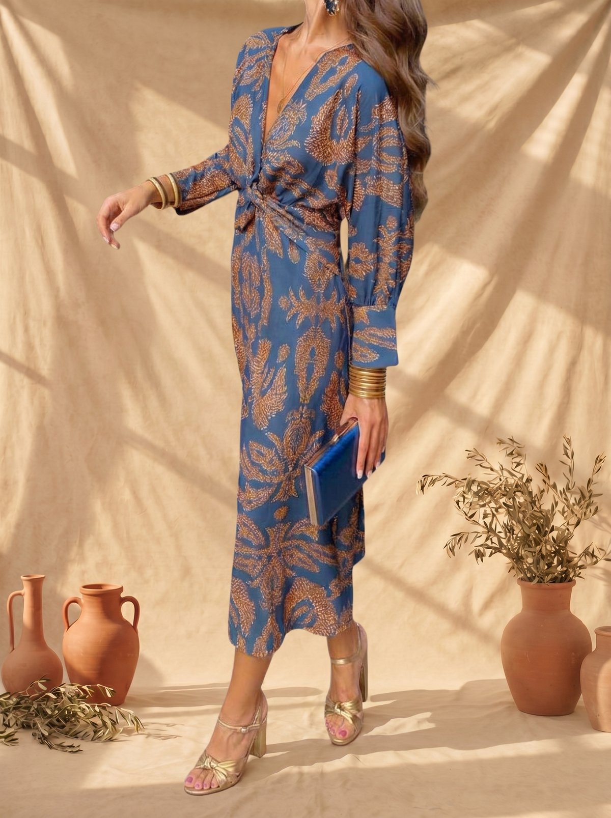 Evelisa | Abito Midi con Scollo a V e Stampa Decorativa