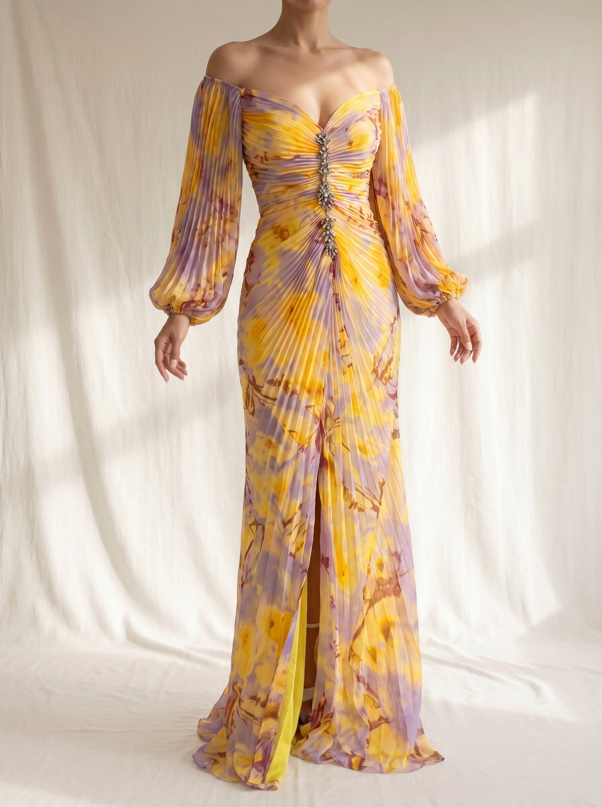 Cleofe | Abito Lungo con Scollo Bardot Floreale
